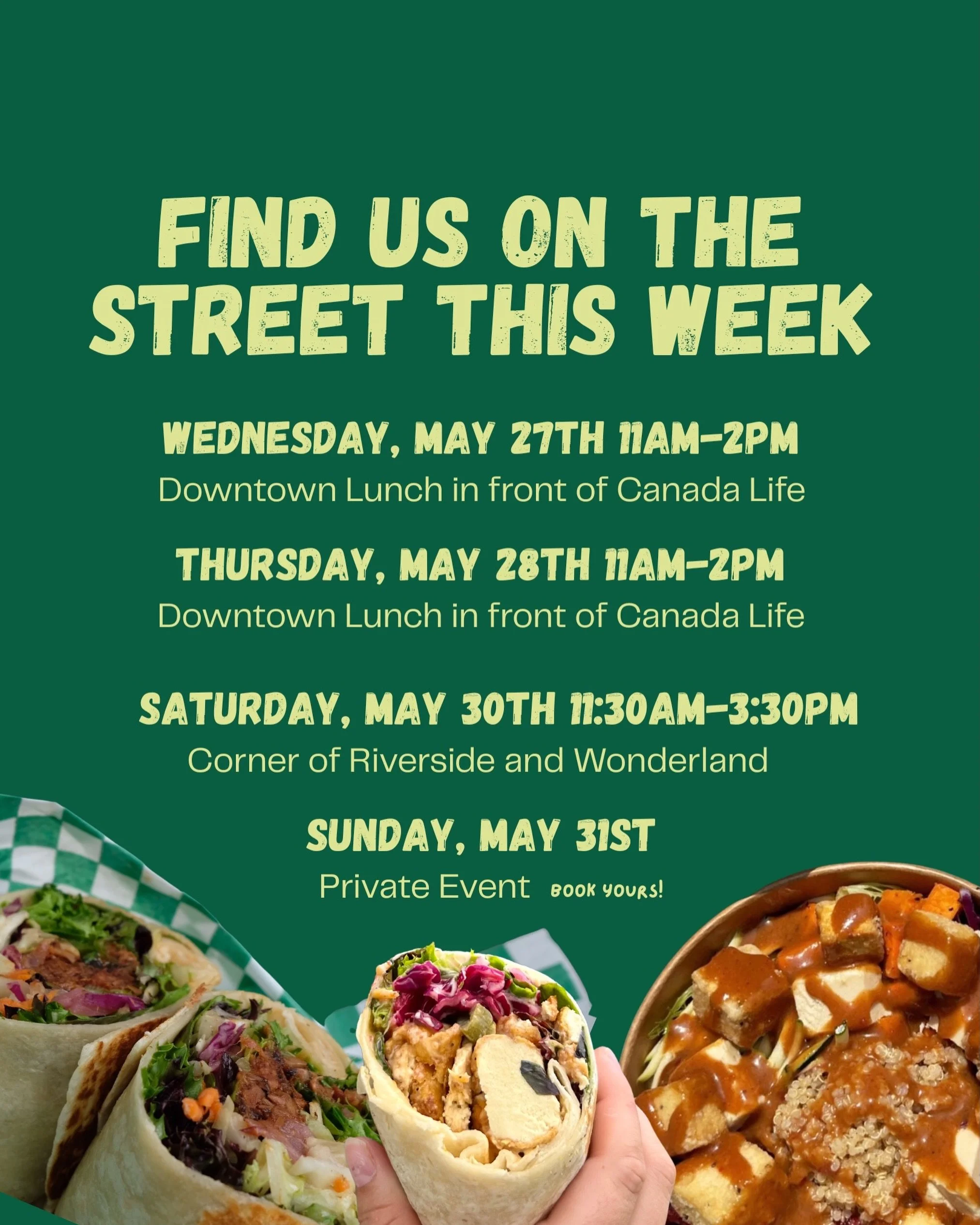 Catch us on the streets this week 🌯✨

From downtown lunch runs to weekend pop-ups, we&rsquo;re serving up your favourite plant-based eats all week long. Come grab a wrap, bowl, or burger and say hi 👋

📍Wednesday + Thursday
Downtown London in front
