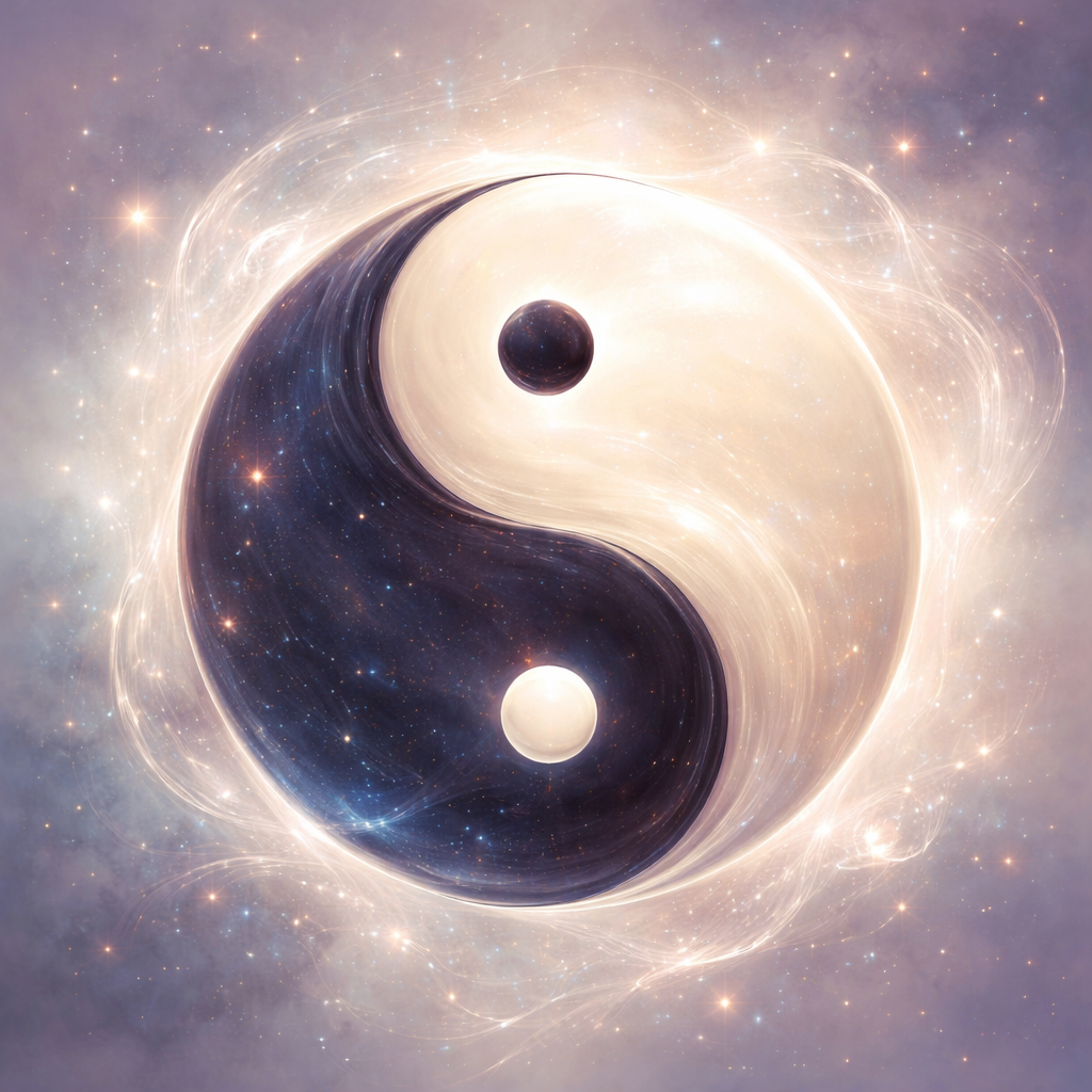 Cosmic yin-yang symbol with stardust textures and luminous light, representing the dynamic interplay of masculine and feminine energy beyond biological sex.