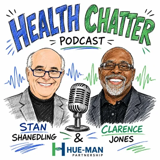 Health Chatter Podcast promotional image showing two men and a microphone. 