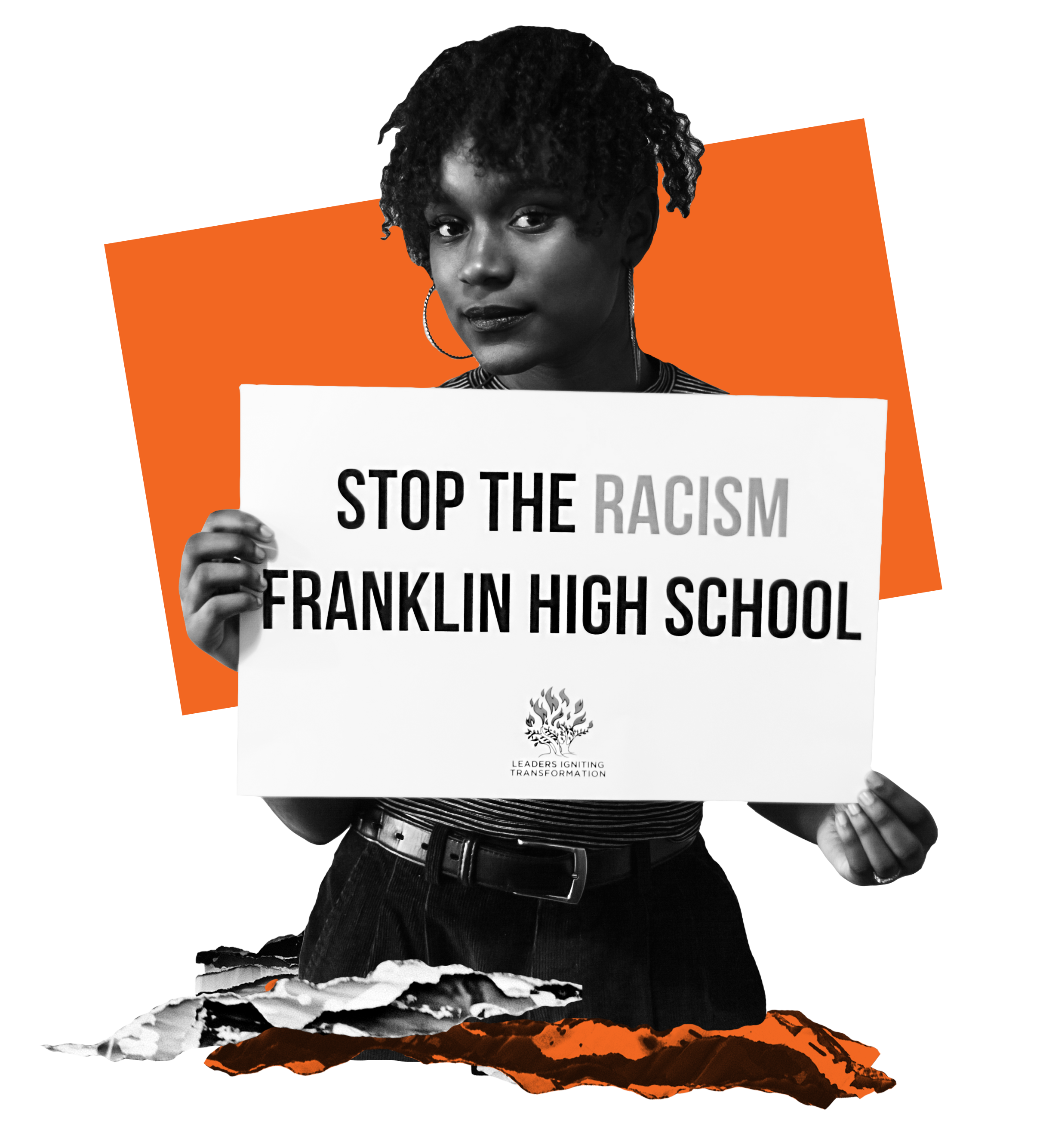 young person holding sign that reads, “stop the racism Franklin high school”