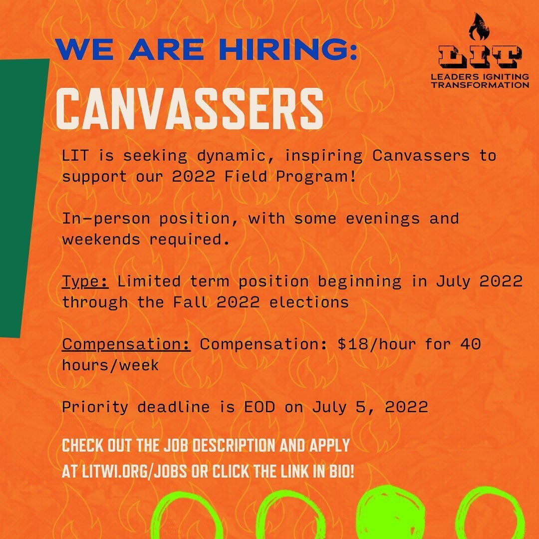 2022 is a Midterm Election year! We're hiring a Canvassers to help us with out Civic Engagement efforts. 🗳

⁠🔥 The application is posted on our website, with a priority deadline of July 5th, 2022⁠.
🔥 Questions? DM us! Visit our website bit.ly/LITC