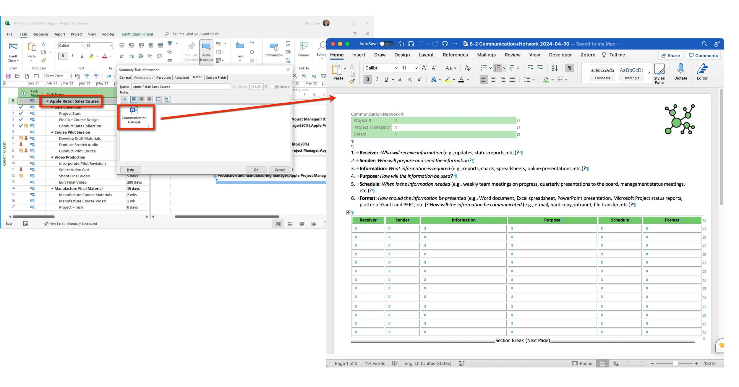 Microsoft Project Project Summary Task containing an embedded Communication Network document associated with the project schedule.