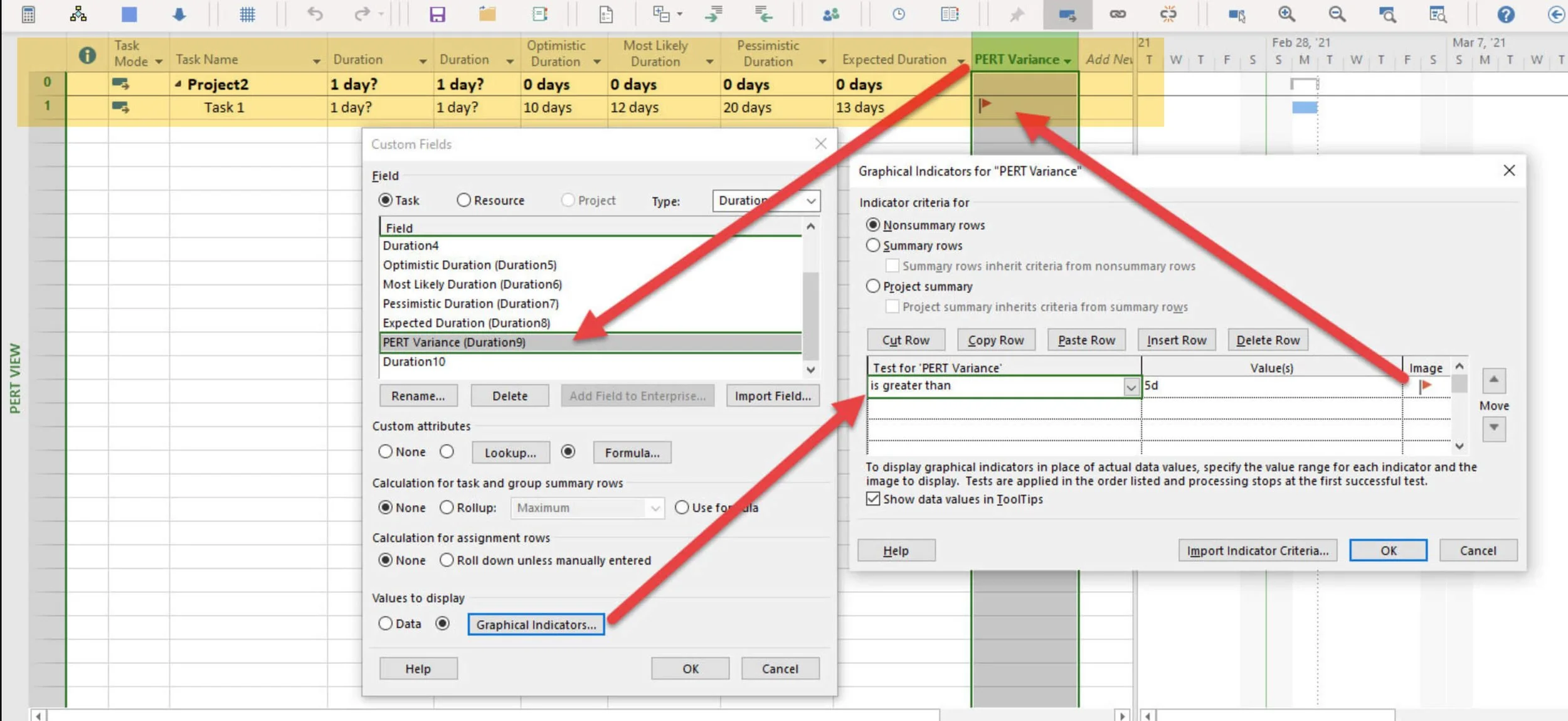 Microsoft Project custom PERT View displaying Optimistic, Most Likely, Pessimistic, Expected Duration, and PERT Variance fields used for three-point estimating.