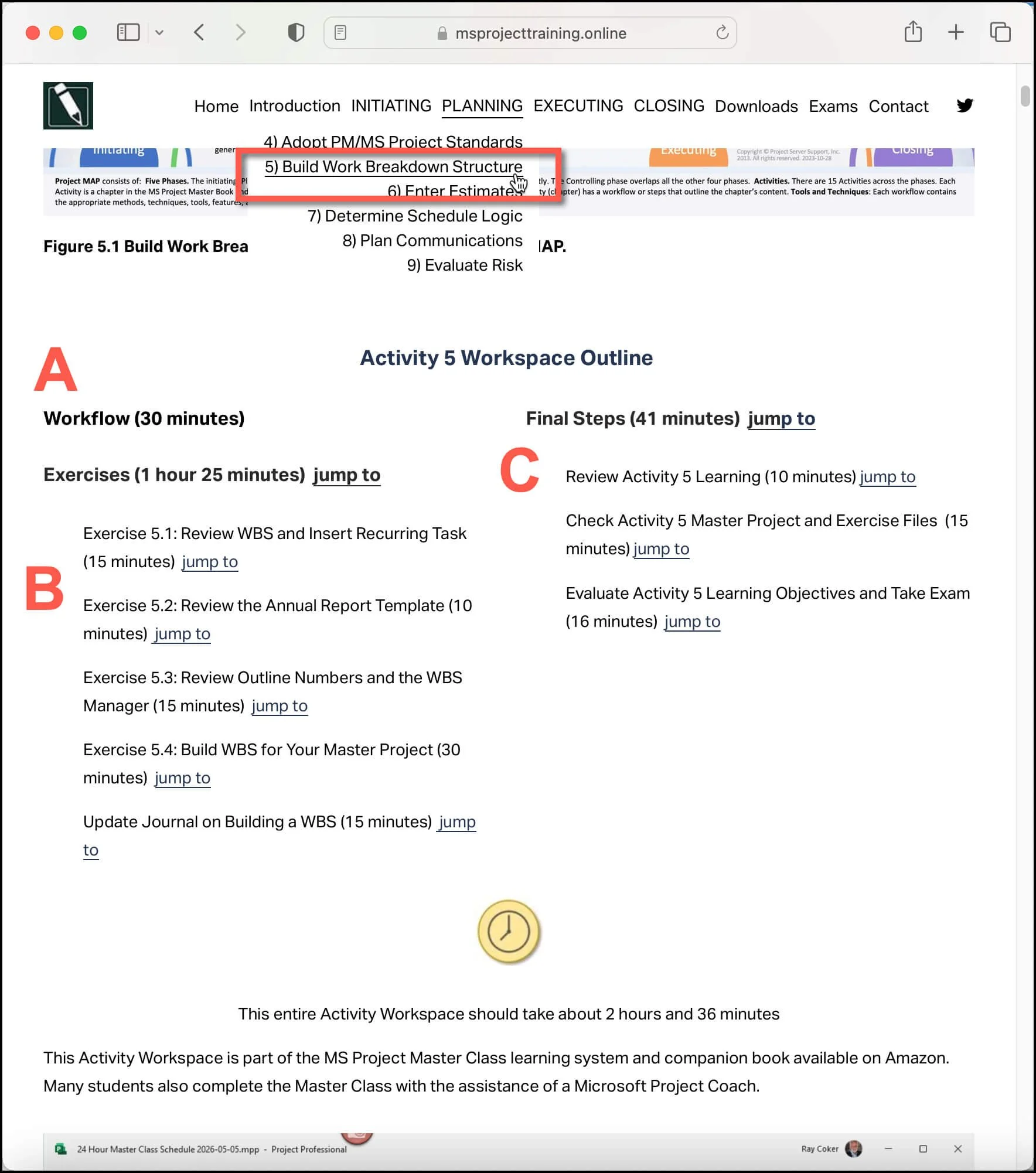 Activity Workspace showing workflow, exercises, Master Project updates, and final exam sections.