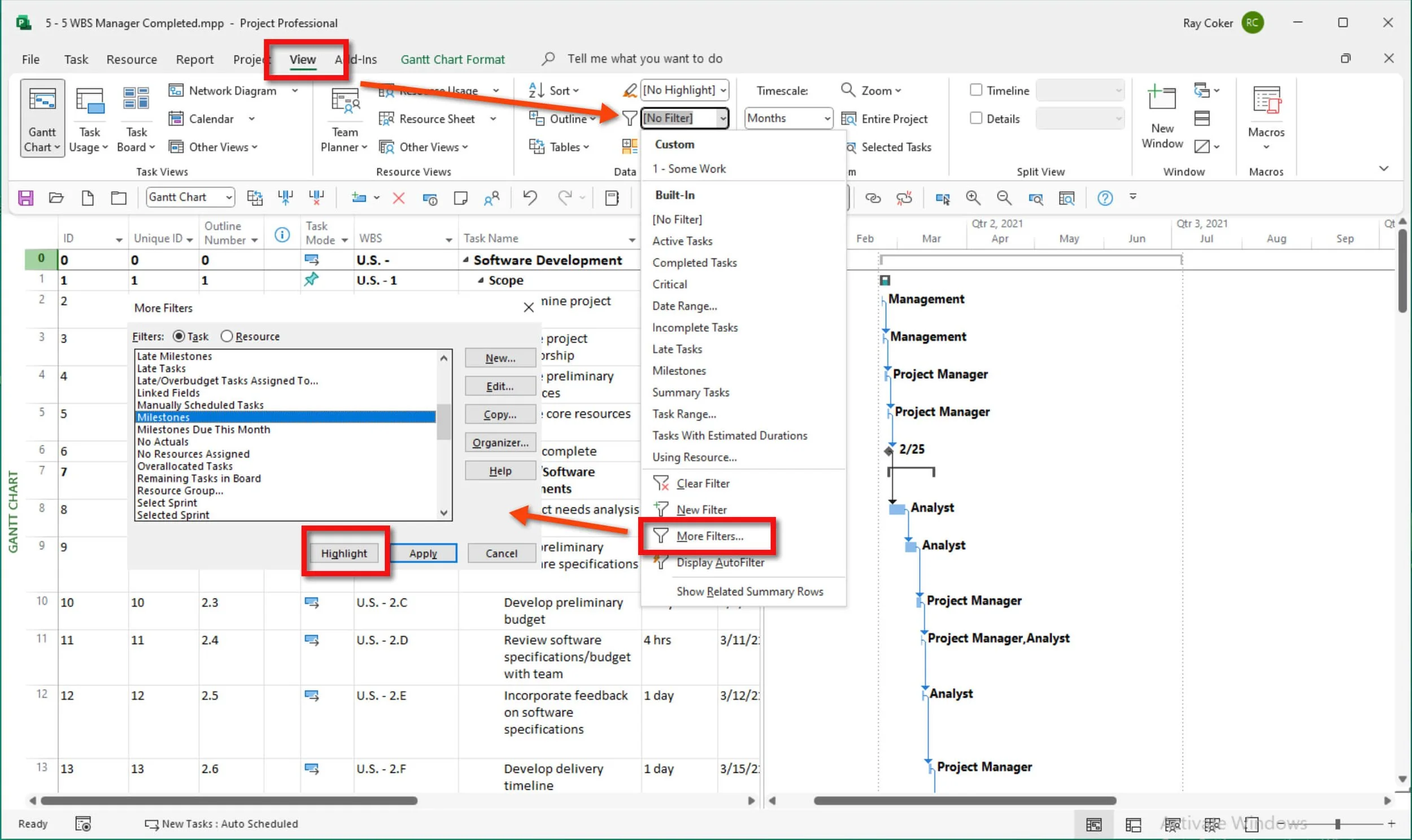 Microsoft Project View tab displaying the More Filters dialog with the Highlight option selected to visually identify filtered tasks while keeping all project tasks visible in the Gantt Chart.