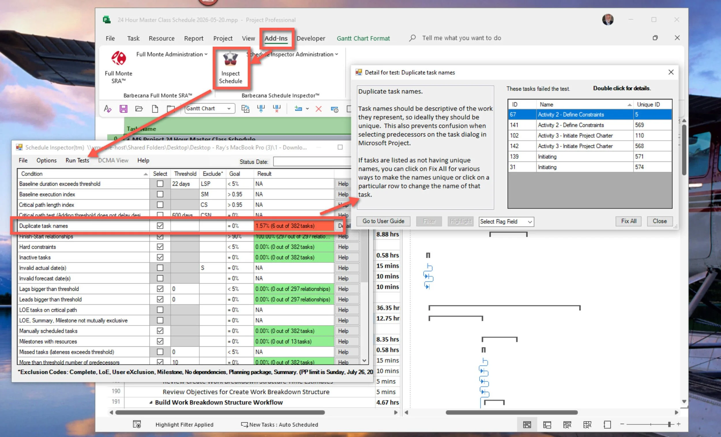 Microsoft Project schedule reviewed using a DCMA 14-Point Assessment and Schedule Inspector quality analysis.