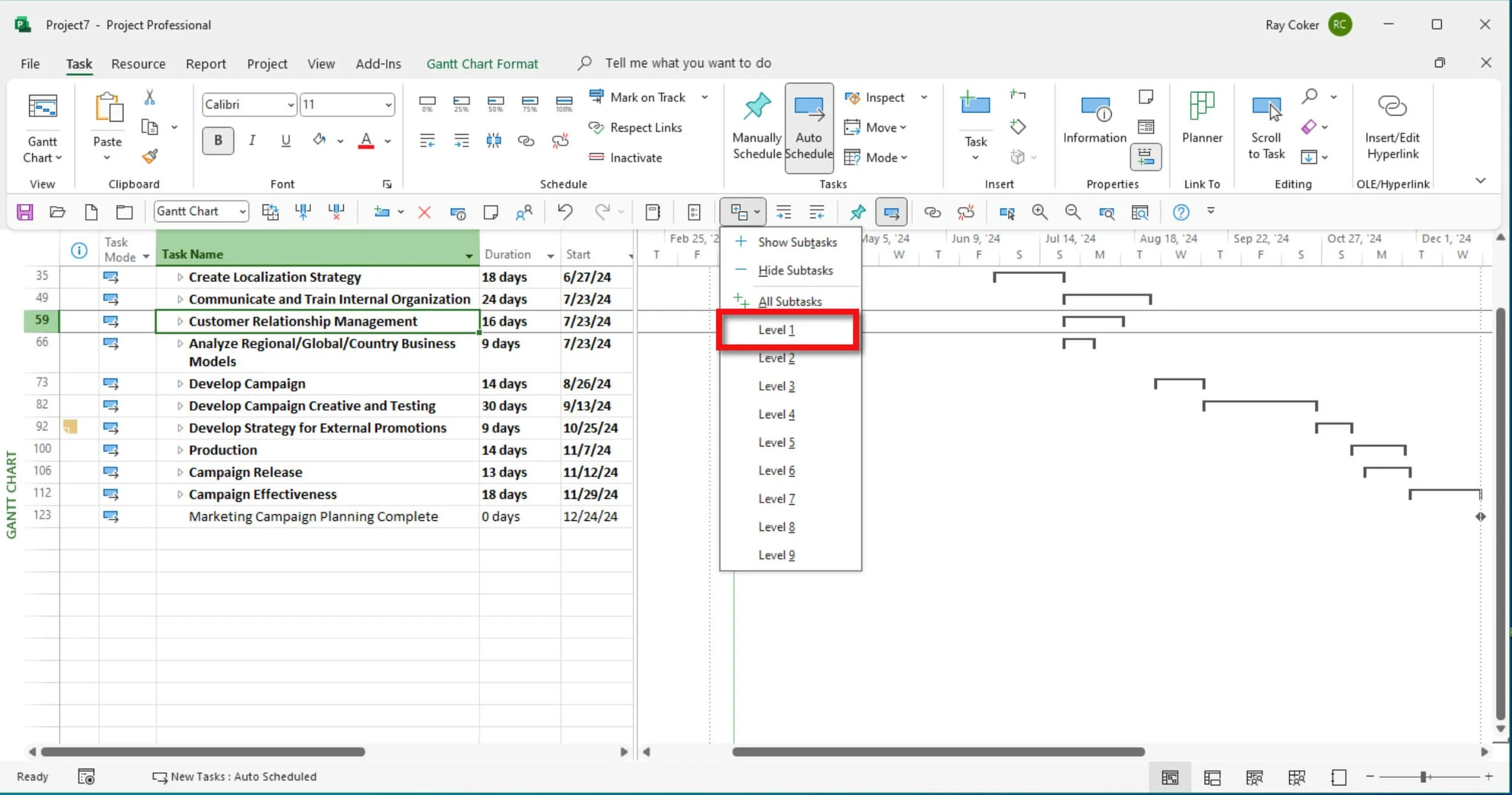 Microsoft Project Gantt Chart showing a poorly organized Work Breakdown Structure at Level 1, with inconsistent phase names and sequencing that make the overall project structure difficult to understand.