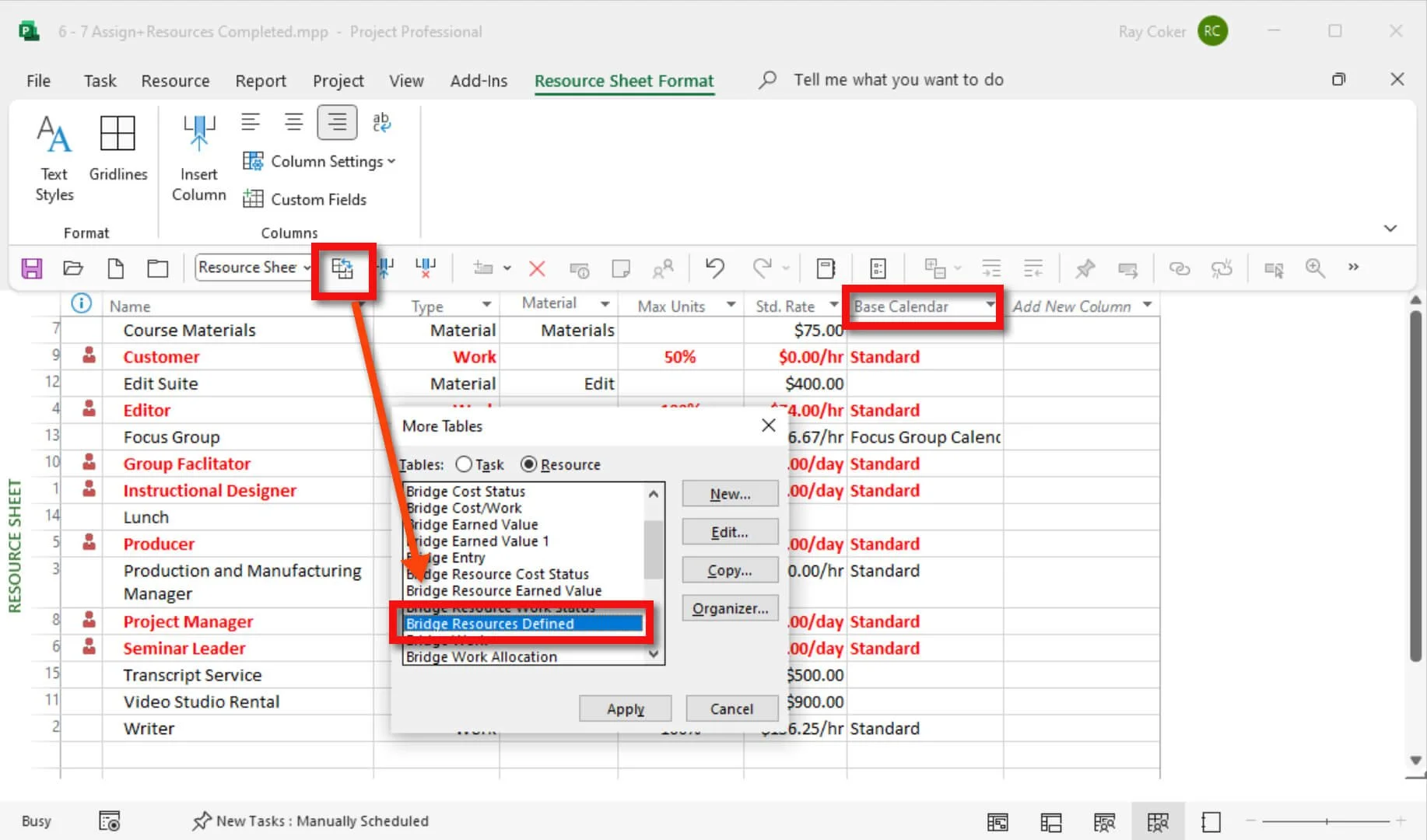 Microsoft Project Resource Sheet showing the Bridge Resources Defined table with resource definitions, Base Calendar field, and standard resource properties used before assigning resources to project activities.