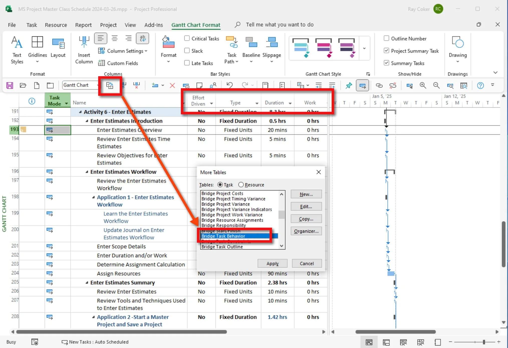 Microsoft Project example showing a Fixed Duration task with a duration estimate entered before assigning resources and calculating work and cost.