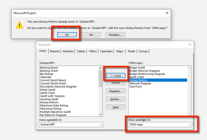 Microsoft Project Organizer dialog box used to copy custom views, tables, and other project elements from a project file to the Global.MPT template.