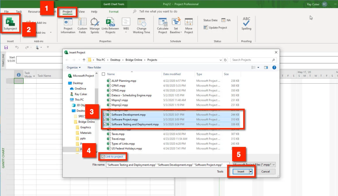 Figure 34. Insert subprojects into a master project.