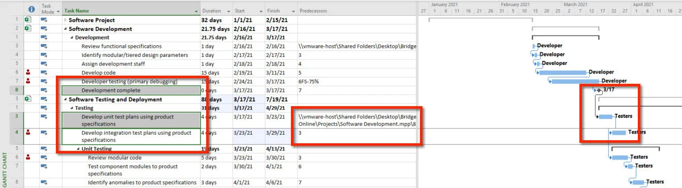 Figure 37. Cross project link across projects and a standard link within a project.