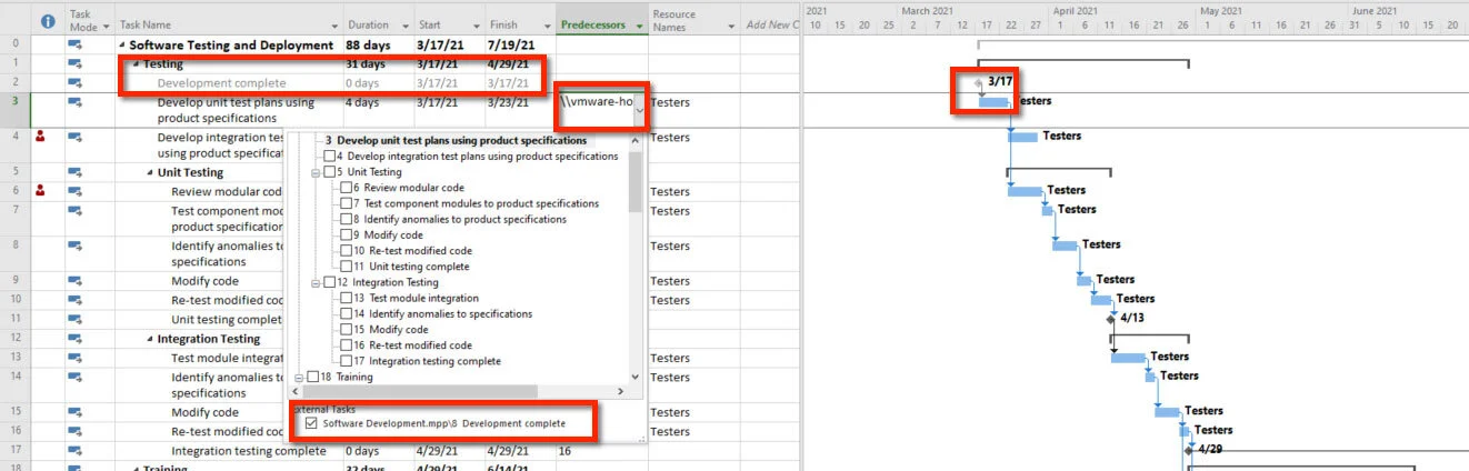 Figure 38. Source project opened showing an external link.