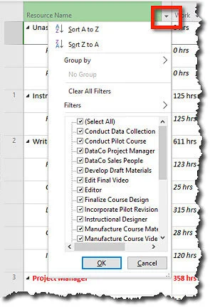 Microsoft Project Resource Usage view showing AutoFilter controls used to sort and filter resources by name and other resource fields.