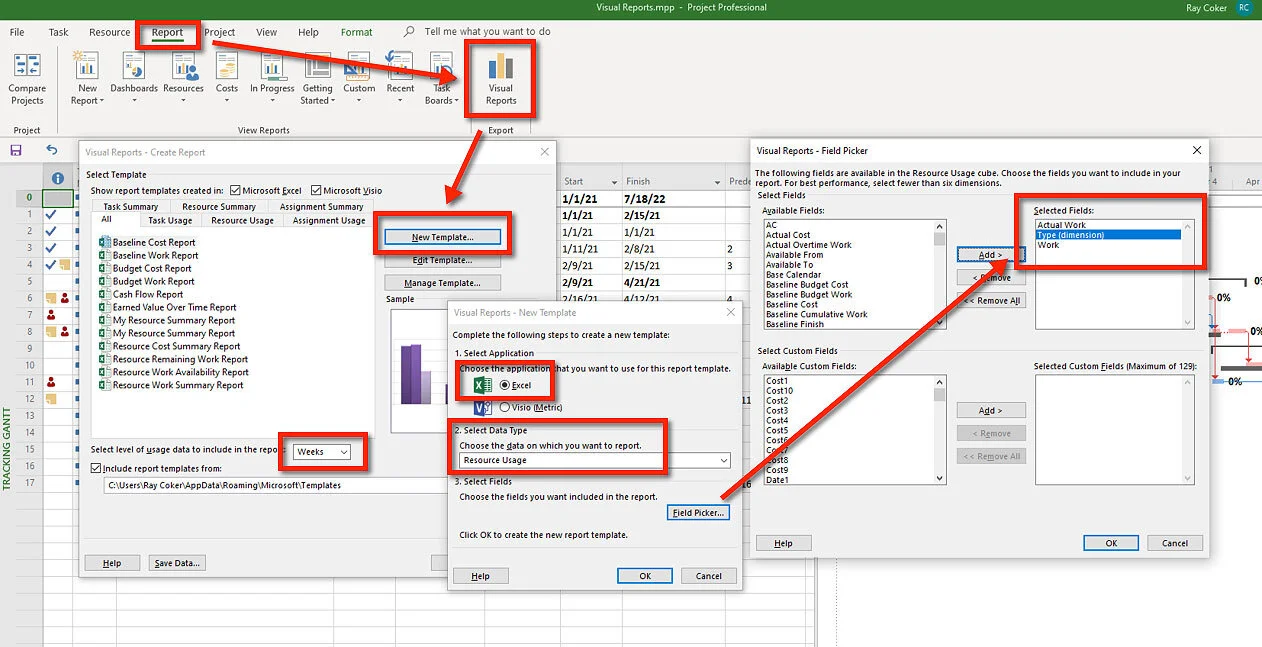 Microsoft Project Create Visual Report dialog showing Resource Usage report type, calendar selection, Field Picker, and export configuration for a custom Excel template.