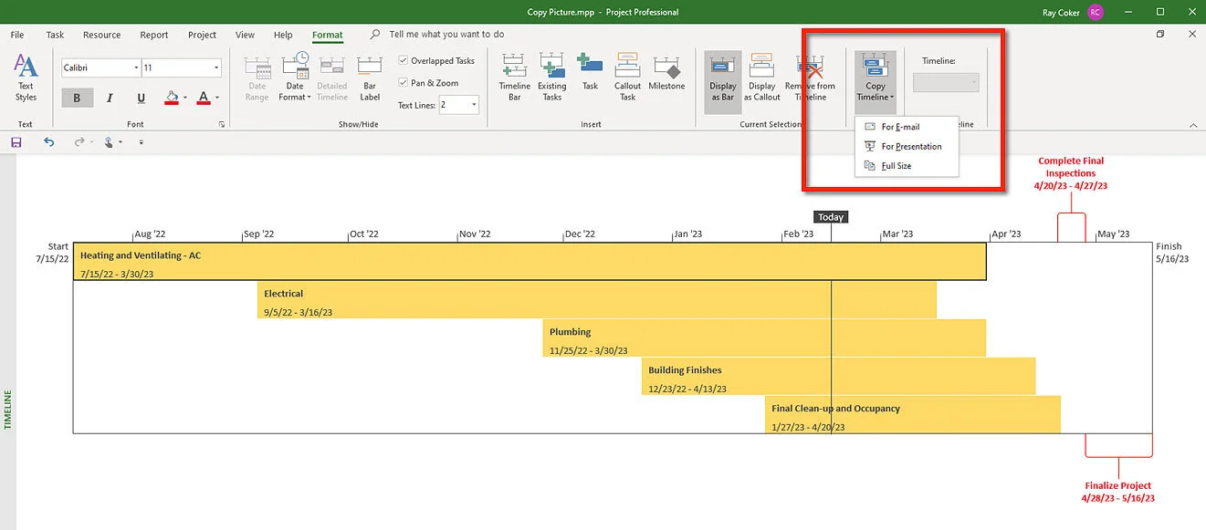 Microsoft Project Timeline view showing the Copy Timeline command on the Format tab.