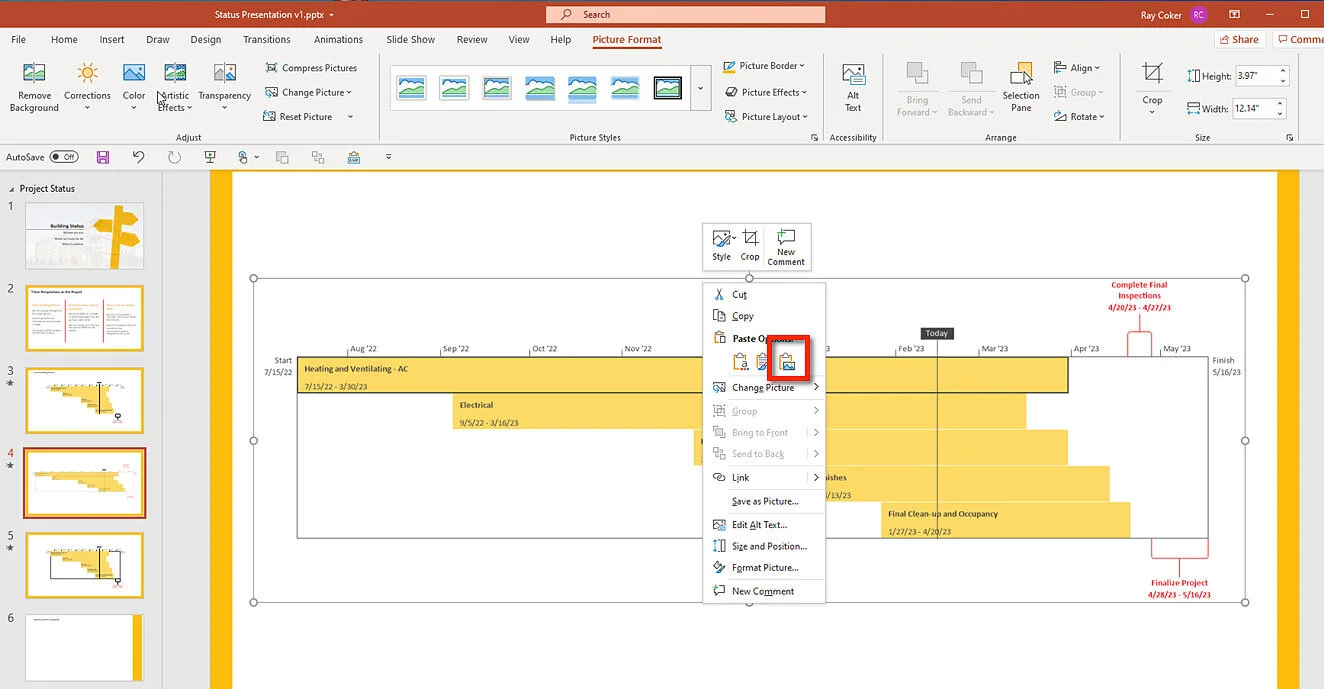 PowerPoint slide containing a Timeline copied from Microsoft Project using the Copy Timeline feature.