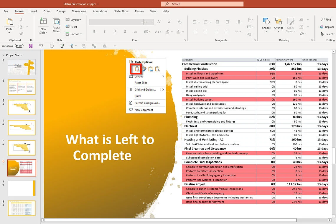 Microsoft Project Gantt Chart showing selected tasks copied for pasting into a PowerPoint presentation.