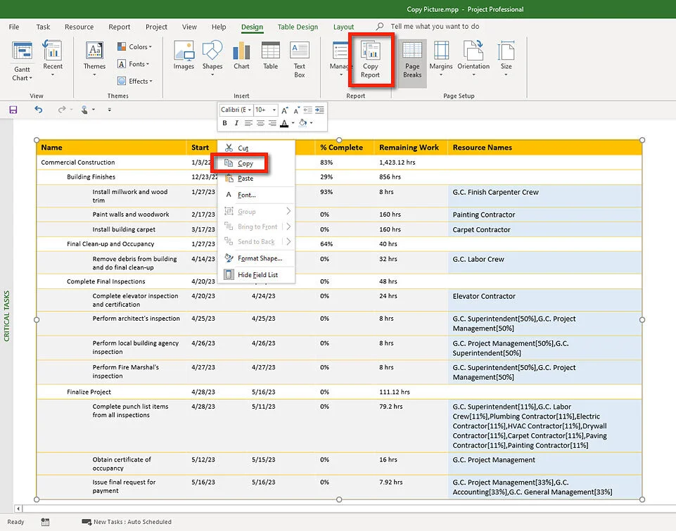 Microsoft Project Standard Report showing the Copy Report command used to copy an entire report.