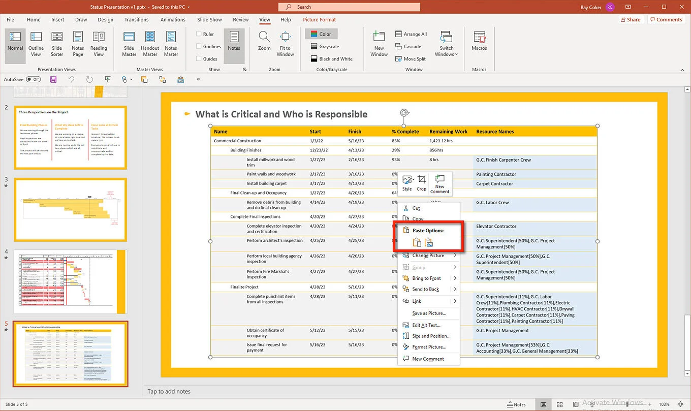 PowerPoint presentation containing a Standard Report copied from Microsoft Project.