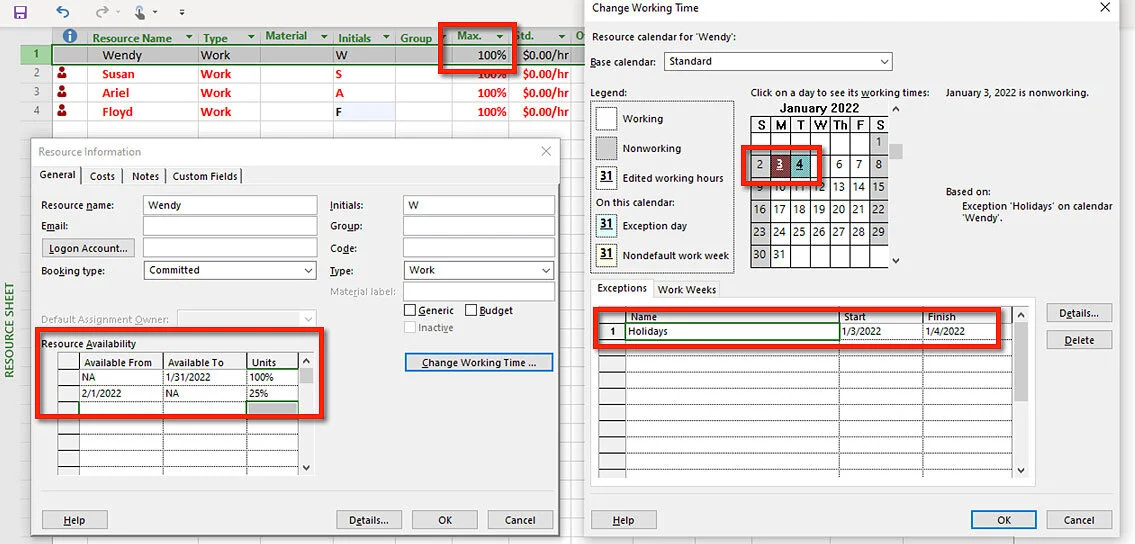 Completed Microsoft Project exercise demonstrating resource availability using Max. Units, calendar exceptions, and Resource Availability settings to produce realistic scheduling.