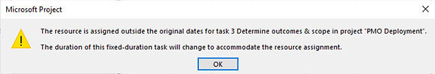 Microsoft Project scheduling message displayed after modifying a resource calendar. The message warns that changing resource availability may recalculate Activity dates, durations, assignments, or workload.