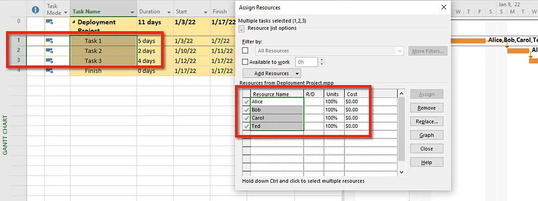 Microsoft Project Assign Resources dialog assigning shared resources to multiple Activities, allowing workload analysis across individual and consolidated project schedules.