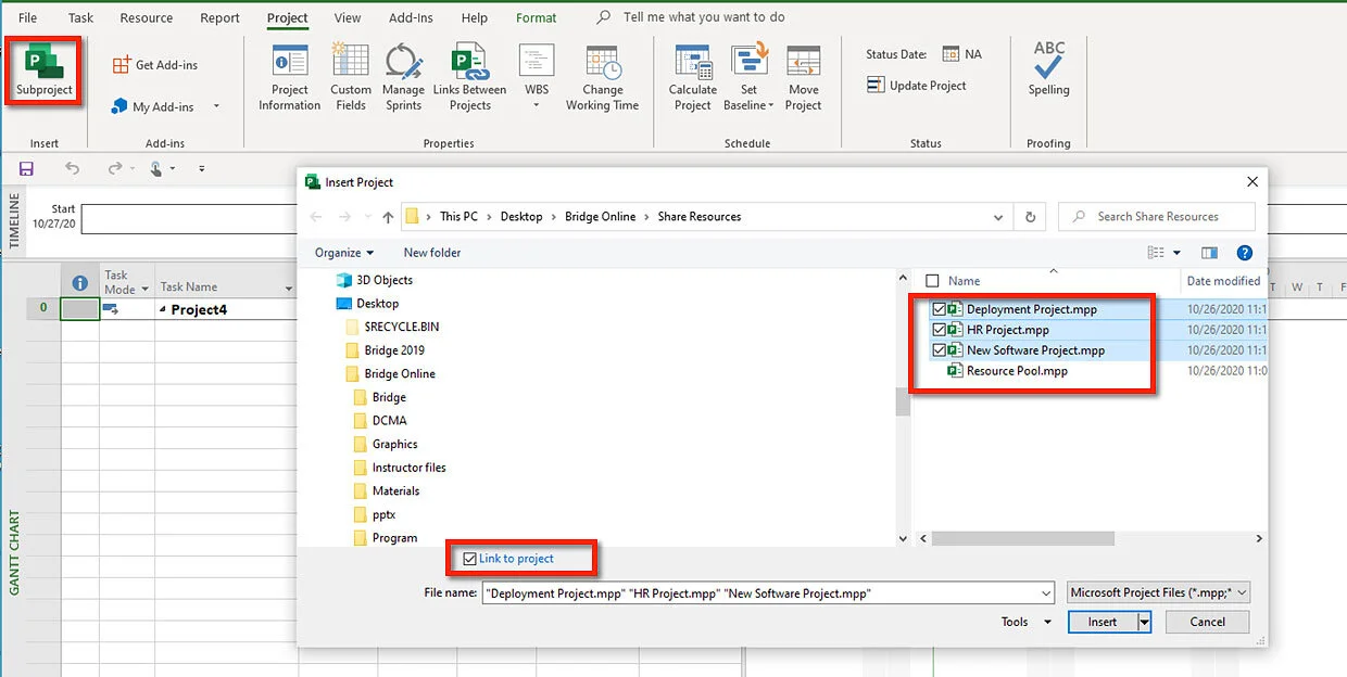 Microsoft Project Insert Project dialog used to create a master project by combining multiple linked project schedules for consolidated resource management.