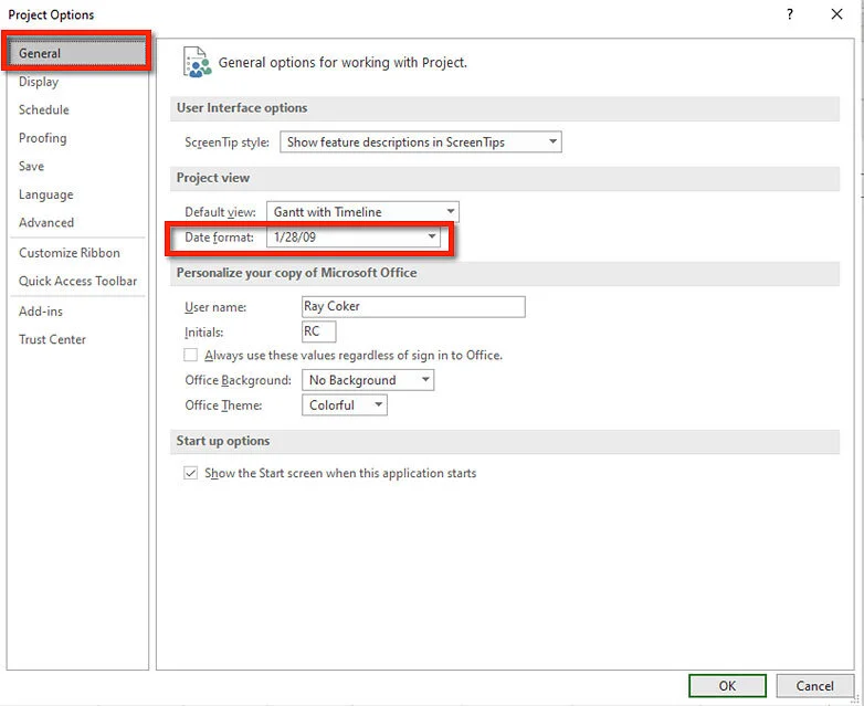 Microsoft Project General Options dialog showing recommended global application settings.