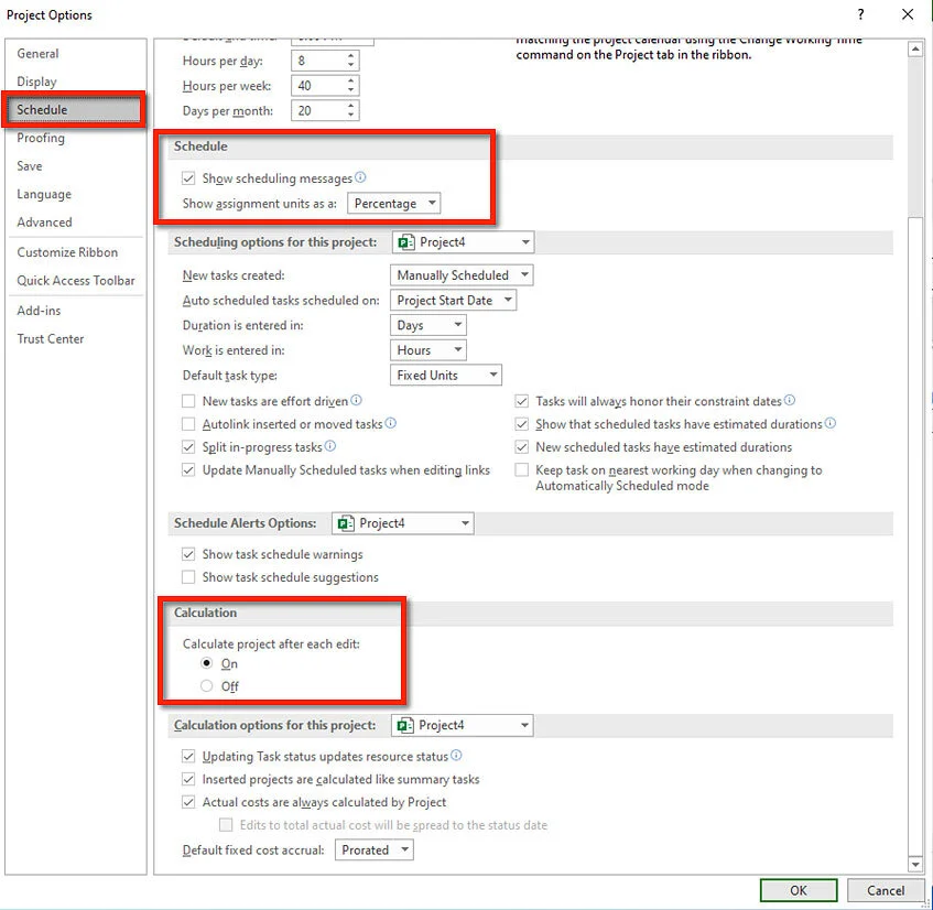 Microsoft Project Schedule Options dialog showing recommended scheduling settings.