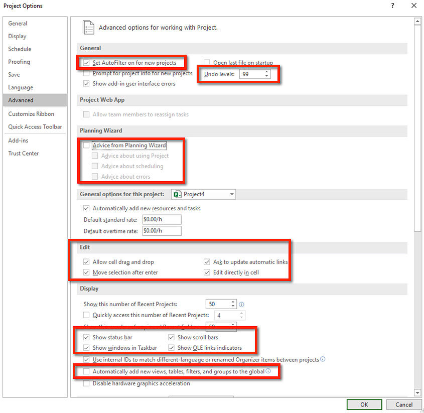 Microsoft Project Advanced Options dialog showing recommended planning and display settings.