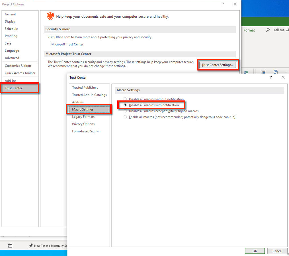Microsoft Project Trust Center Options dialog showing recommended macro and security settings.