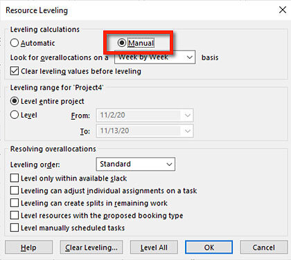 Microsoft Project Resource Leveling dialog showing the Manual leveling option selected.