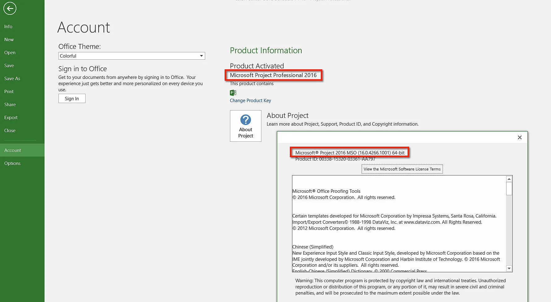 Microsoft Project Professional 2016 Account page showing product version information.