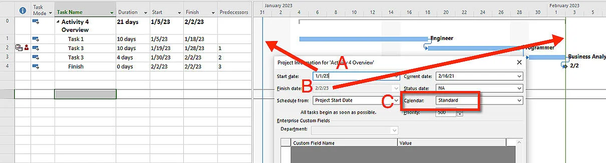 Microsoft Project Project Information dialog showing the Project Calendar selection used to define the default working schedule for the project.