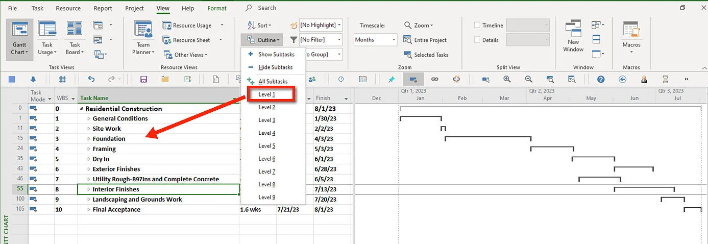 Microsoft Project Gantt Chart collapsed to Outline Level 1, showing the Project Summary Task and Major Phases while lower-level Summary Tasks, Activities, and Milestones are hidden.