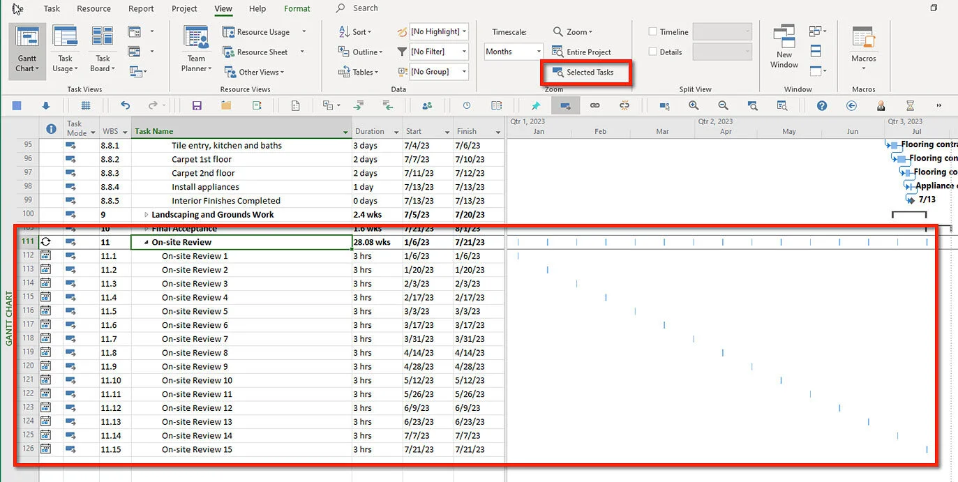Microsoft Project Gantt Chart showing an On-site Review recurring Summary Task with fifteen individual three-hour review occurrences scheduled throughout the project.