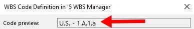 Microsoft Project Define WBS Code dialog showing fields for the project code prefix and code-mask levels, including sequence, length, and separator settings for custom WBS codes.