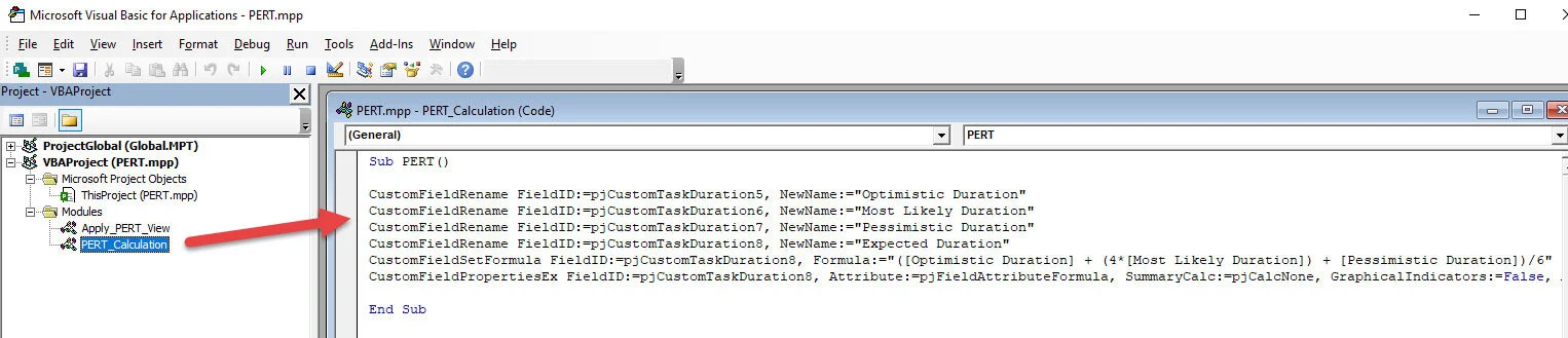 Microsoft Visual Basic for Applications (VBA) Editor displaying a Microsoft Project macro that renames custom Duration fields and assigns a formula used for PERT estimating.