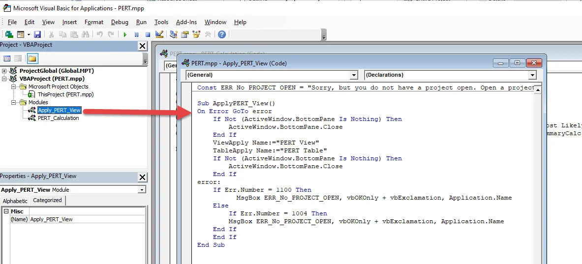 Microsoft Visual Basic for Applications (VBA) Editor displaying a Microsoft Project macro that automatically applies the custom PERT View created for the PERT estimating exercise.