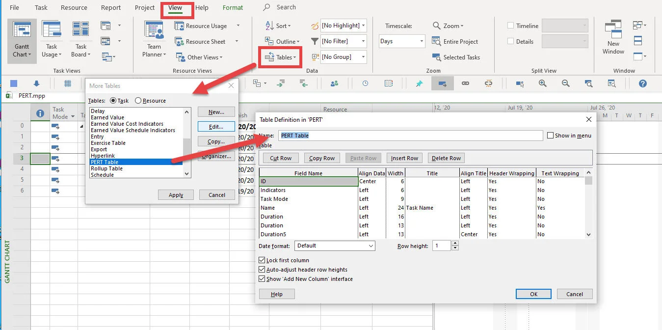 Microsoft Project Table Definition dialog creating a custom PERT Table with Duration and multiple custom Duration fields for PERT estimating.