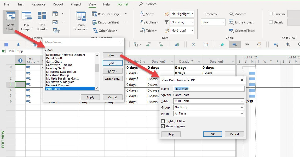 Microsoft Project New View dialog configured to create a PERT View using a Gantt Chart, PERT Table, No Group grouping, and All Tasks filter.