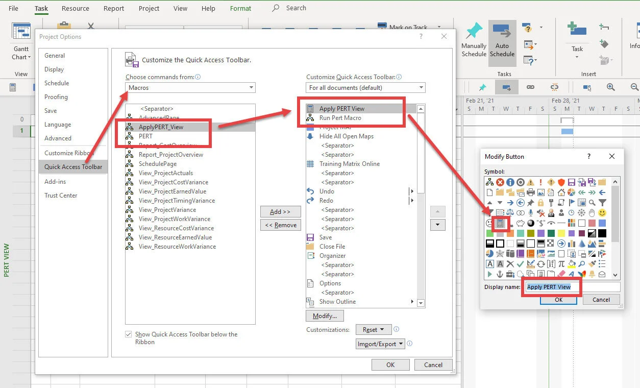 Microsoft Project Customize Quick Access Toolbar dialog showing the ApplyPERT_View and PERT macros being added to the Quick Access Toolbar with custom display names and icons.