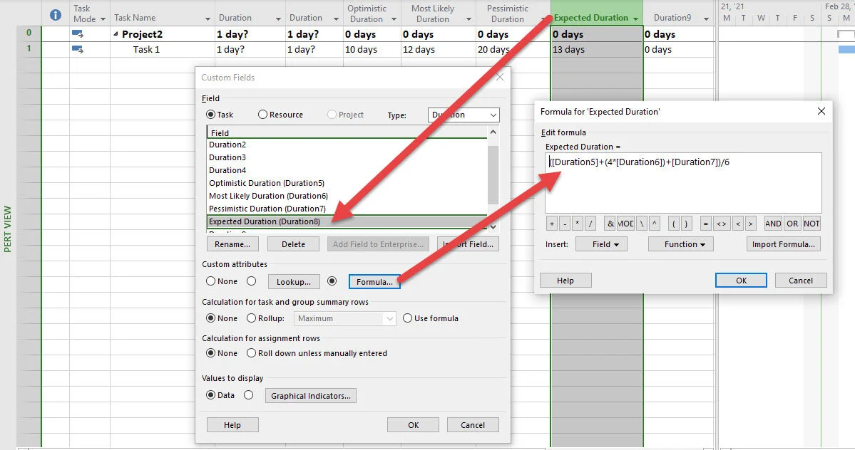 Microsoft Project screenshot displaying a custom duration field with an associated formula used to calculate PERT values for project duration estimates.
