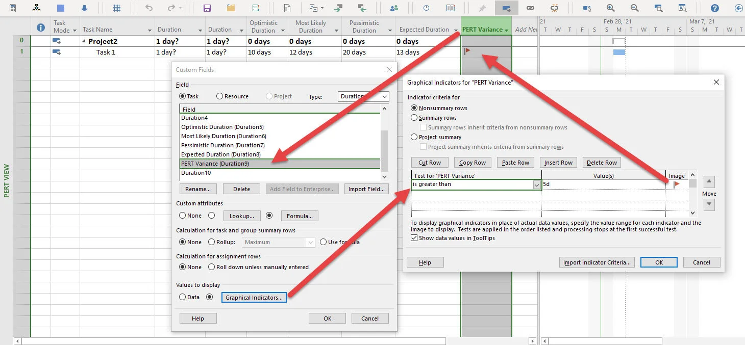 Microsoft Project screenshot showing the Graphical Indicators dialog box configured to display icons based on the results of a custom field formula.