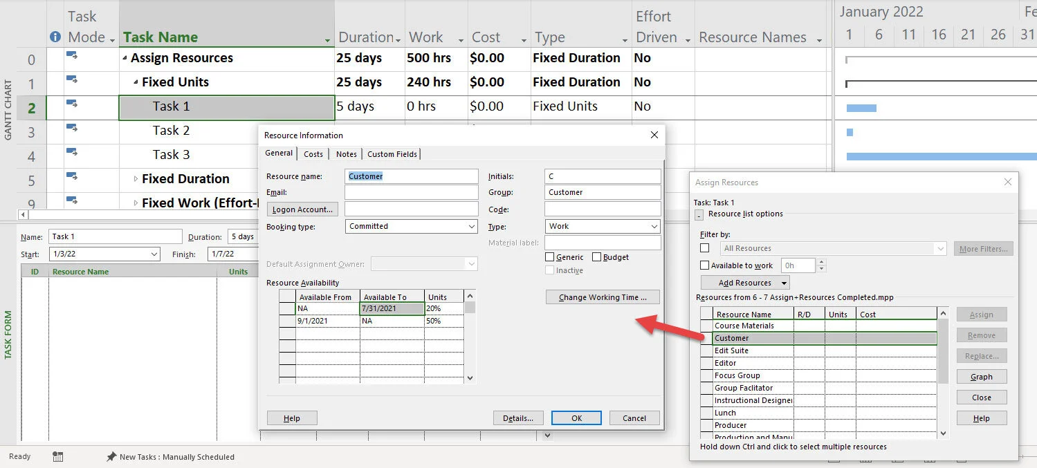 Microsoft Project example illustrating a Fixed Duration task that begins with a work estimate and recalculates assignments while maintaining the specified duration.