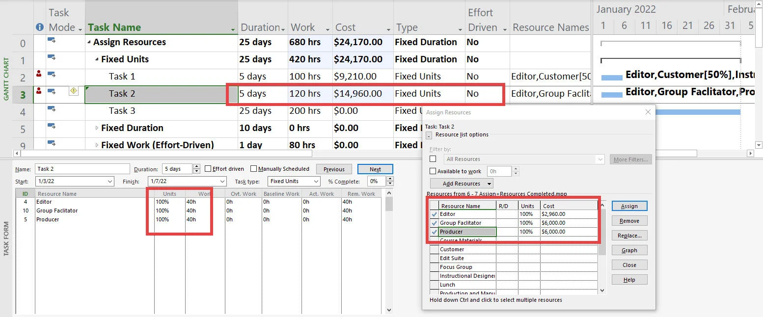 Microsoft Project example showing a Fixed Units task with duration and work estimates entered before assigning resources to demonstrate recalculation behavior.
