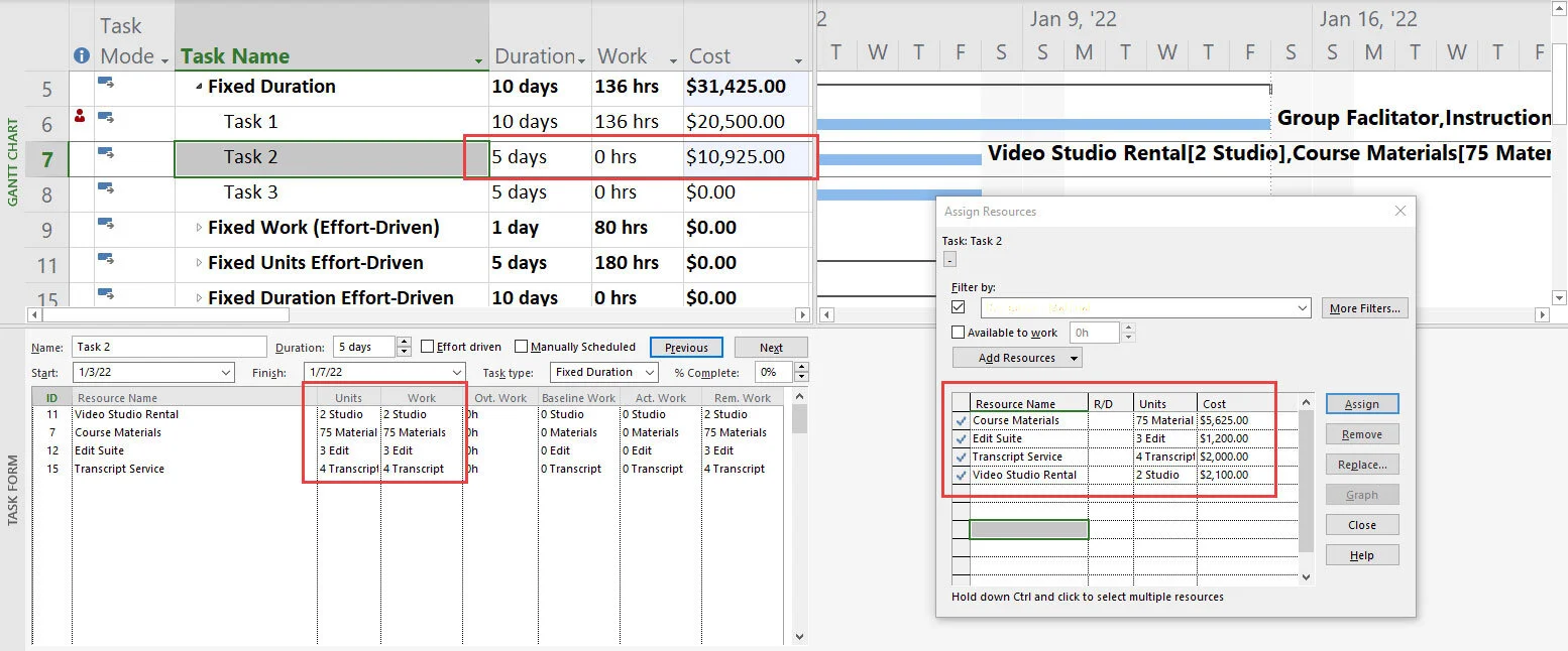 Microsoft Project Assign Resources example showing Material and Cost resources assigned to a Fixed Duration activity, with project costs updated while duration and work remain unchanged.