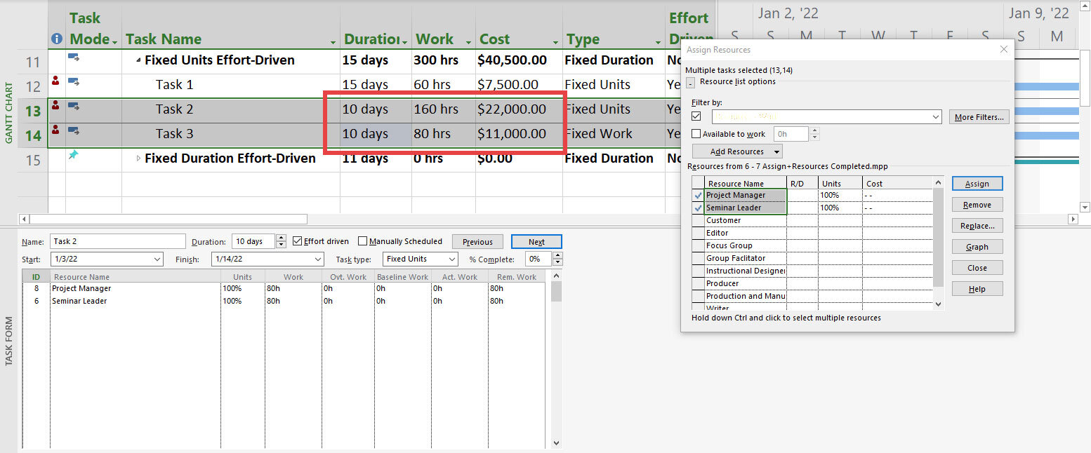 Microsoft Project example demonstrating the Fixed Units and Effort Driven calculation method by redistributing work among assigned resources while maintaining assignment units.