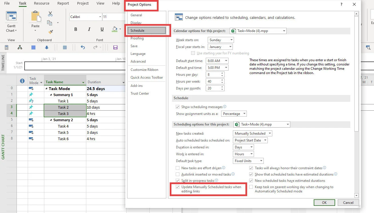 Microsoft Project Project Options Schedule page displaying the setting that updates Manually Scheduled activities when task links are edited.